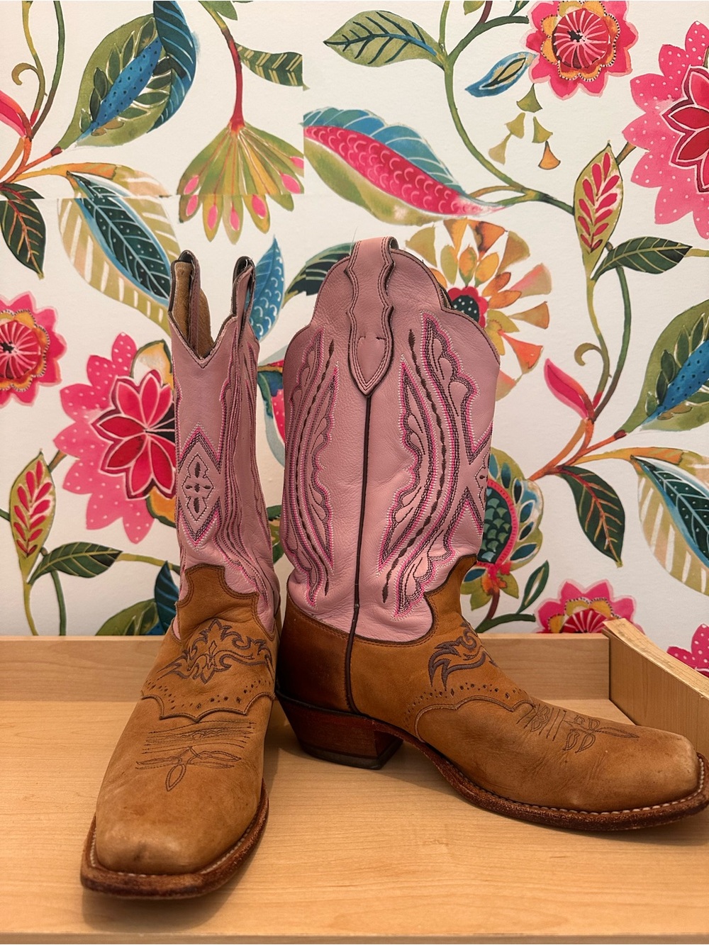 Justin Boots Pink and Tan Embroidered Western Cowgirl Boots